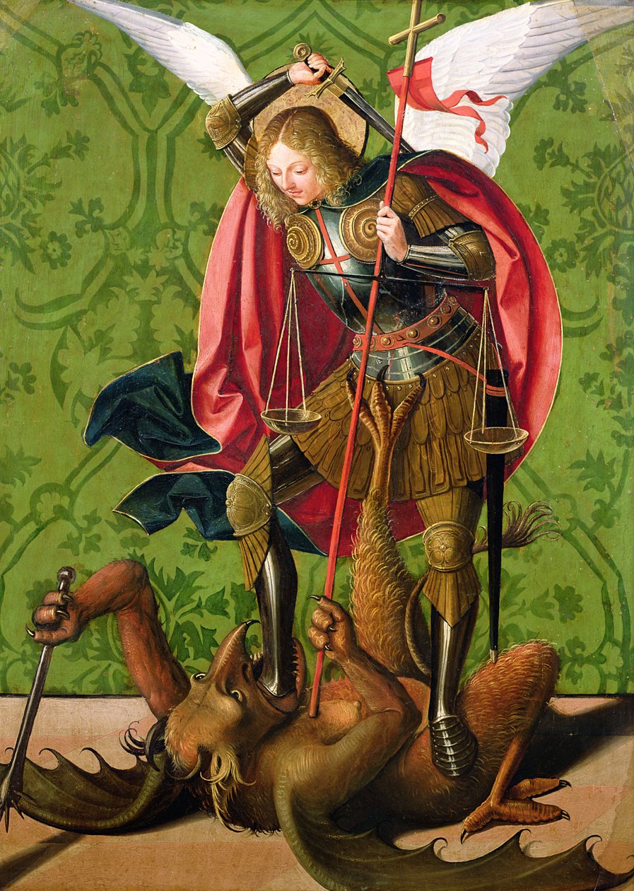 Tässä maalauksessa St Michael (Pyhä Mikael) tappaa liskon (dragon).